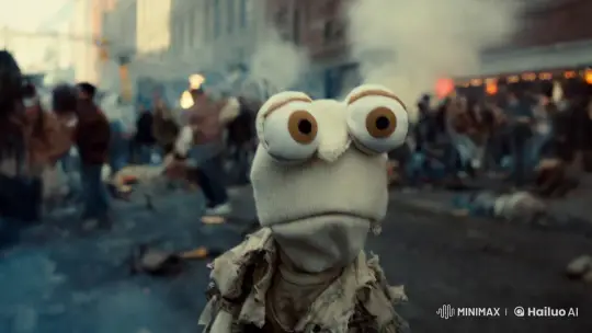 White Sock Puppet in Chaotic Riot Setting – AI Generated Video | Hailuo AI