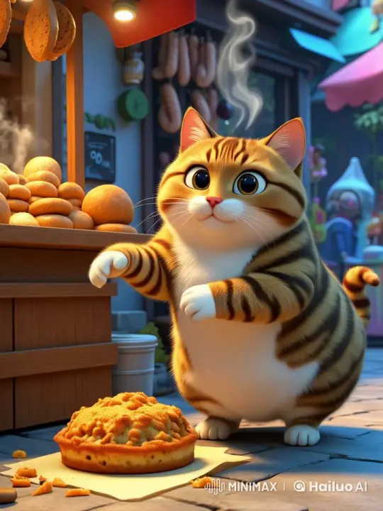 Chubby Cat Steals Cake from Busy Food Stall – AI Generated Video | Hailuo AI
