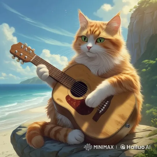 Orange Cat Plays Guitar on Serene Beach in Live2D Animation – AI Generated Video | Hailuo AI