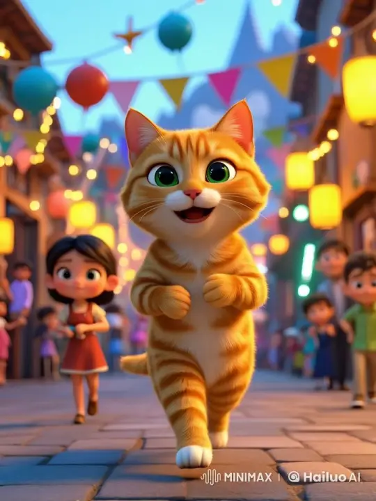 Chubby Cat Reunites with Owner at Joyful Evening Fairground – AI Generated Video | Hailuo AI