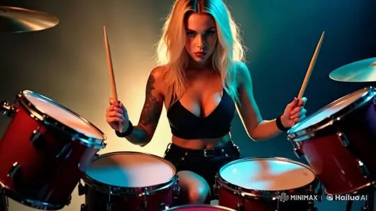 Girl Enthusiastically Plays Drum Kit with Precision – AI Generated Video | Hailuo AI