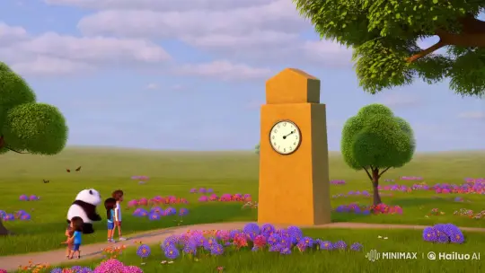Whimsical Panda Meets Serene Meadow and Clock Tower – AI Generated Video | Hailuo AI