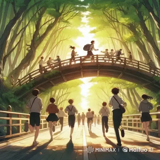 Students Running on Wood Path in Forest – AI Generated Video | Hailuo AI