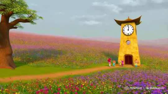 Panda's Joyful Ascent in Serene Meadow with Clock Tower – AI Generated Video | Hailuo AI