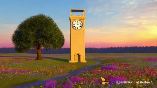 Pastoral Meadow with Majestic Tree and Elegant Clock Tower at Sunset – AI Generated Video | Hailuo AI