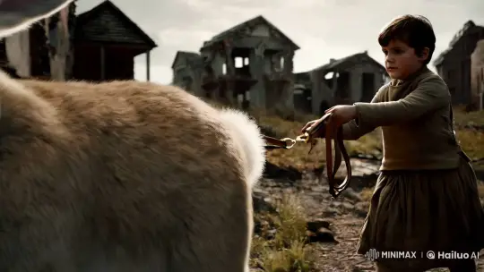 Child and Giant Rabbit in Ruined Landscape – AI Generated Video | Hailuo AI