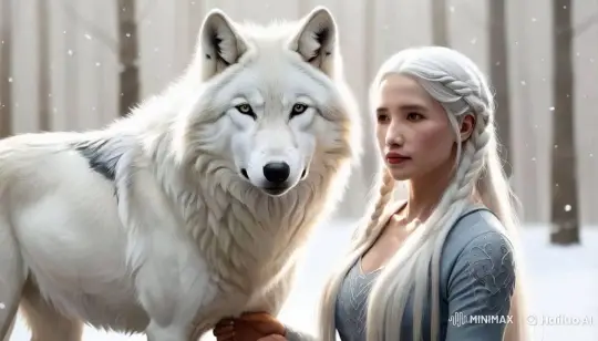 Woman and White Wolf Walk Through Serene Snowy Forest – AI Generated Video | Hailuo AI