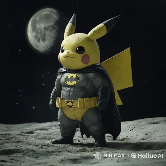 Pikachu in Batman Costume Stands Vigilant on Rocky Terrain – AI Generated Video | Hailuo AI