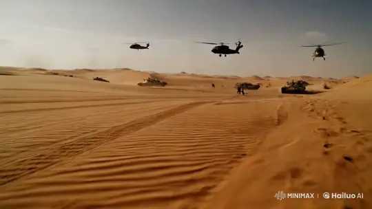Desert Warfare: Dynamic Chase Through Fiery Sands – AI Generated Video | Hailuo AI