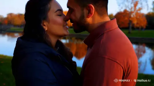 Intimate Couple Kisses in Autumn Park at Sunset – AI Generated Video | Hailuo AI