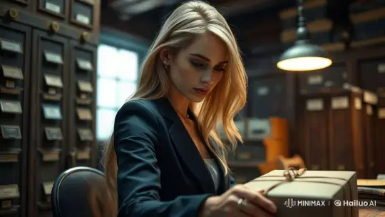 Contemplative Girl in Antique Office Examines Wrapped Box – AI Generated Video | Hailuo AI