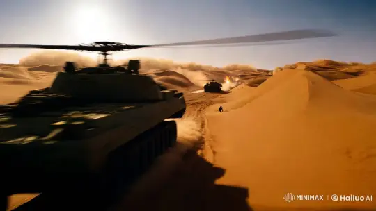 Desert Warfare: High-Speed Chase Amid Explosions and Sandstorms – AI Generated Video | Hailuo AI