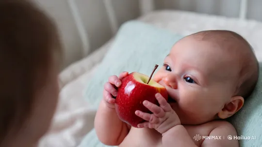 Baby Delights in Apple in Serene Nursery Scene – AI Generated Video | Hailuo AI