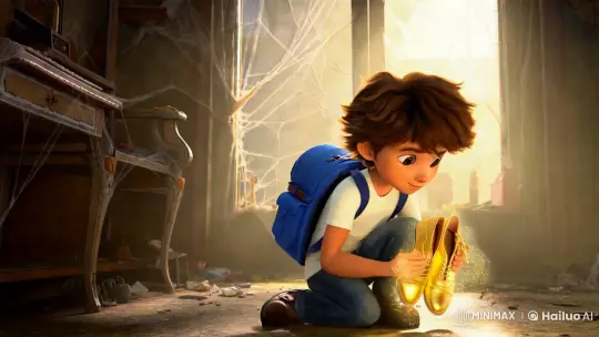 Boy Discovers Glowing Shoes in Dusty Shop – AI Generated Video | Hailuo AI