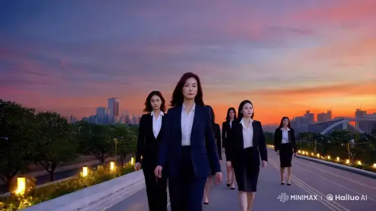 Empowered Women Lead in Dusk-Lit Urban Landscape – AI Generated Video | Hailuo AI