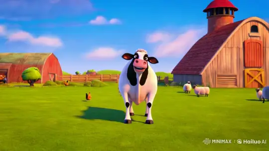 Joyful Cow on a Vibrant Farm Pasture – AI Generated Video | Hailuo AI
