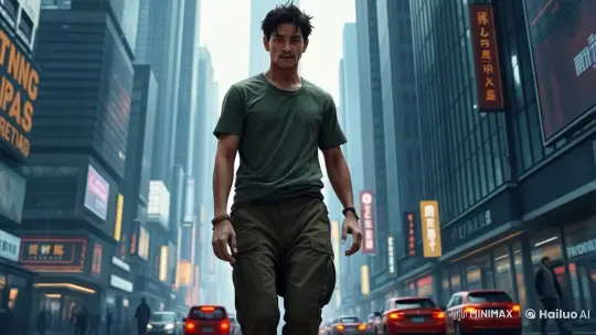 Urban Chameleon: Man Camouflages with Dynamic City Background – AI Generated Video | Hailuo AI