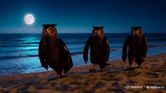 Owls on a Moonlit Beach and a Woman Dancing – AI Generated Video | Hailuo AI