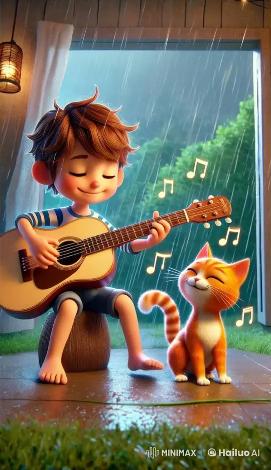 Cozy Indoor Serenade with Cat Amidst Rainfall – AI Generated Video | Hailuo AI