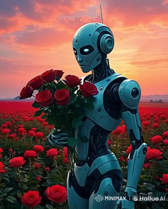 Futuristic Robot in a Field of Roses at Sunset – AI Generated Video | Hailuo AI