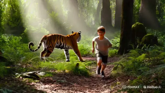 Boy Runs Through Forest With Parallel Tiger – AI Generated Video | Hailuo AI