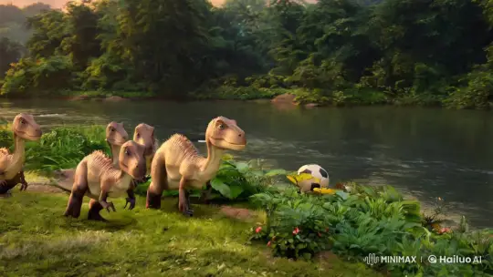Baby Dinosaurs Play with Soccer Ball in Serene Riverbank – AI Generated Video | Hailuo AI