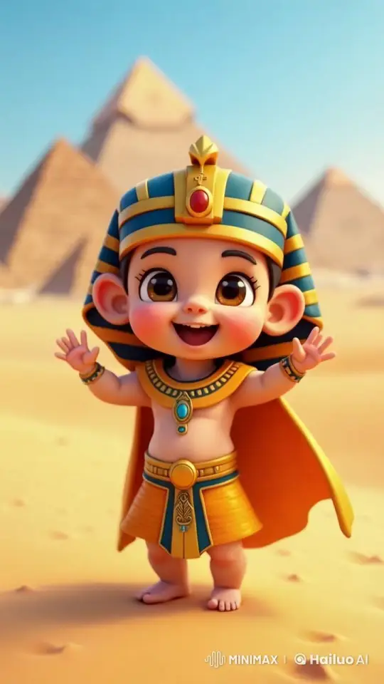 Baby Pharaoh Delights in Animated Egyptian Landscape – AI Generated Video | Hailuo AI
