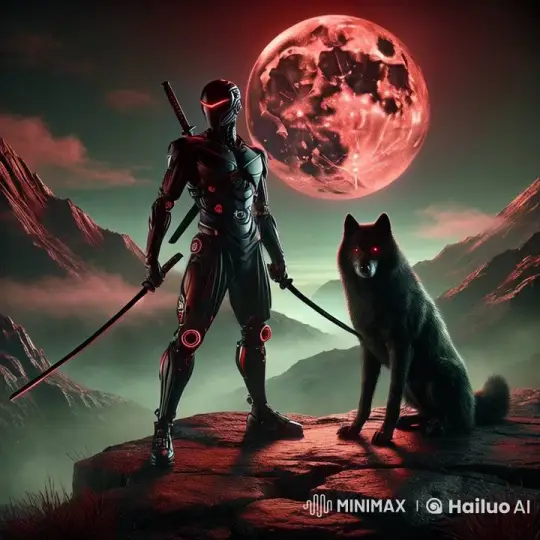 Futuristic Warrior and Wolf Stand Guard in Alien Landscape – AI Generated Video | Hailuo AI