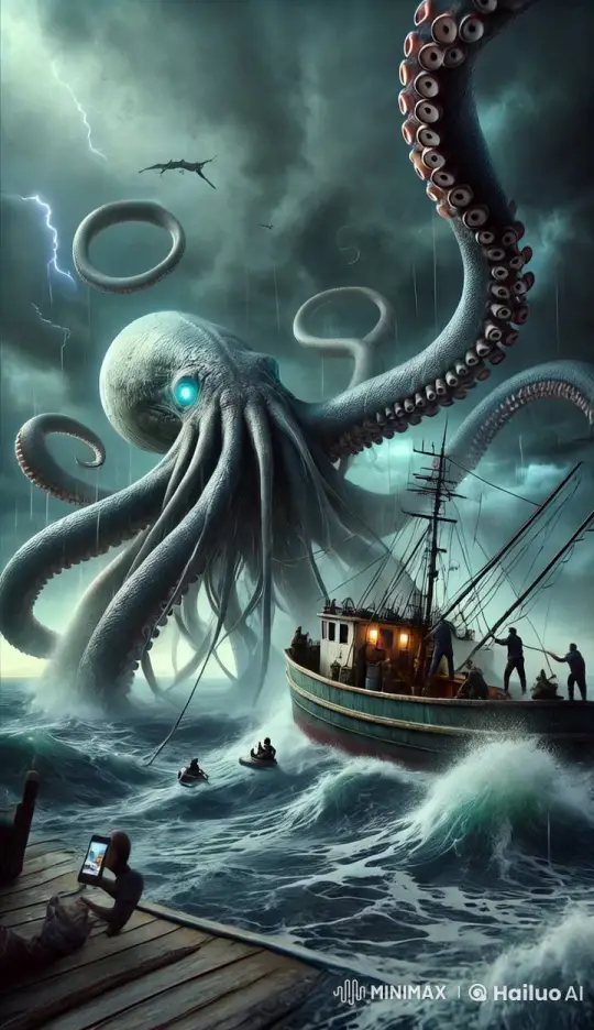 Monstrous Kraken Emerges in Stormy Sea Encounter – AI Generated Video | Hailuo AI