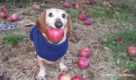 Cute Dog in Orchard With Apple Meets Slow-Approaching Truck – AI Generated Video | Hailuo AI