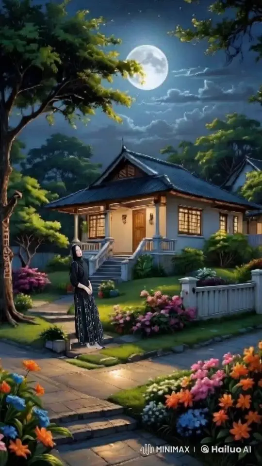 Woman Strolls Through Moonlit, Flowered Garden at Night – AI Generated Video | Hailuo AI