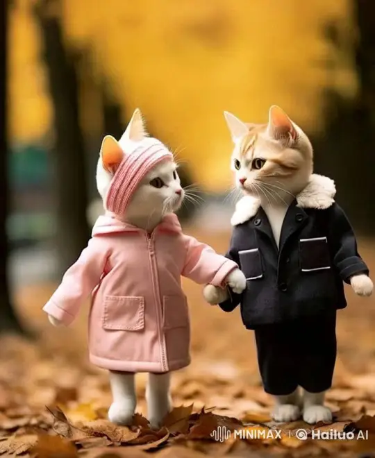 Cats in Autumn Outfits Share Affectionate Moment – AI Generated Video | Hailuo AI