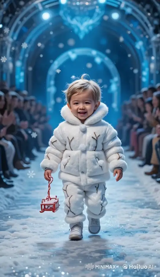 Baby Walks Snowy Runway in Festive Winter Outfit – AI Generated Video | Hailuo AI