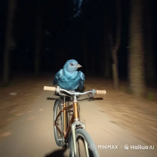 Blue Bird Rides Golden Bicycle in Enchanted Forest – AI Generated Video | Hailuo AI