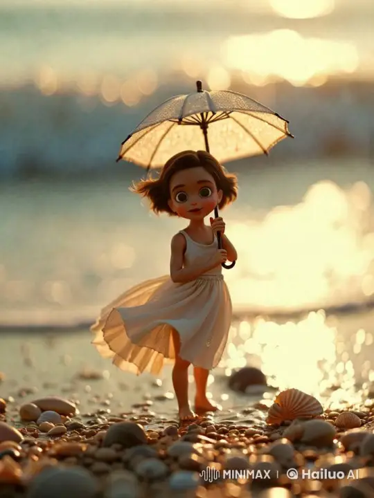 Miniature Woman on Sunlit Beach with Cocktail Umbrella – AI Generated Video | Hailuo AI