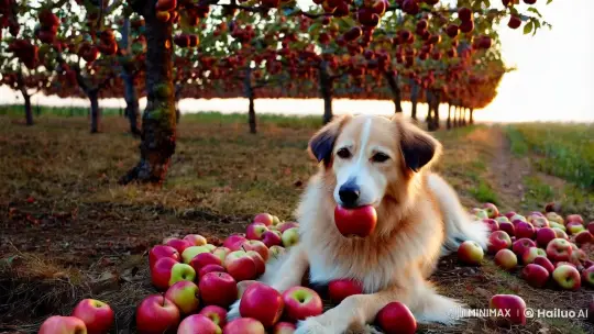 Dog in Orchard with Apple Amidst Autumnal Glow – AI Generated Video | Hailuo AI