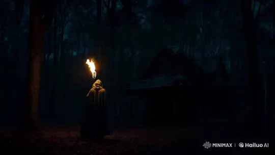 Mysterious Hooded Figure Ignites Wooden House in Dark Woods – AI Generated Video | Hailuo AI