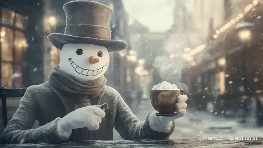 Snowman Enjoying Coffee in a Winter Wonderland – AI Generated Video | Hailuo AI