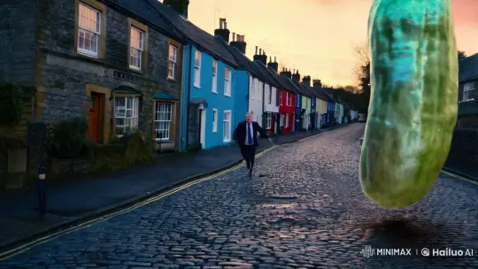 Piers Morgan Escapes Iridescent Gherkin Monster in Surreal Welsh Street Chase – AI Generated Video | Hailuo AI