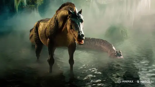 Mystical Swamp Creature: Horse-Crocodile Chimera – AI Generated Video | Hailuo AI