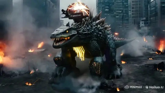 Fusion Creature: Godzilla-Tank Hybrid in Urban Wasteland – AI Generated Video | Hailuo AI