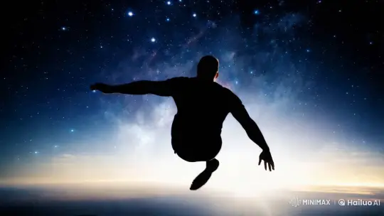 Silhouetted Man Leaps into Cosmic Space in Dramatic Slow Motion – AI Generated Video | Hailuo AI