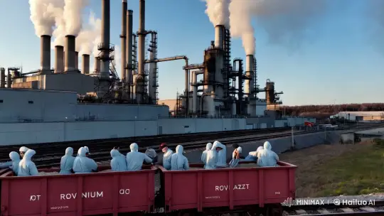 Industrial Symphony: Rovnoazot Plant Workers at Dusk – AI Generated Video | Hailuo AI