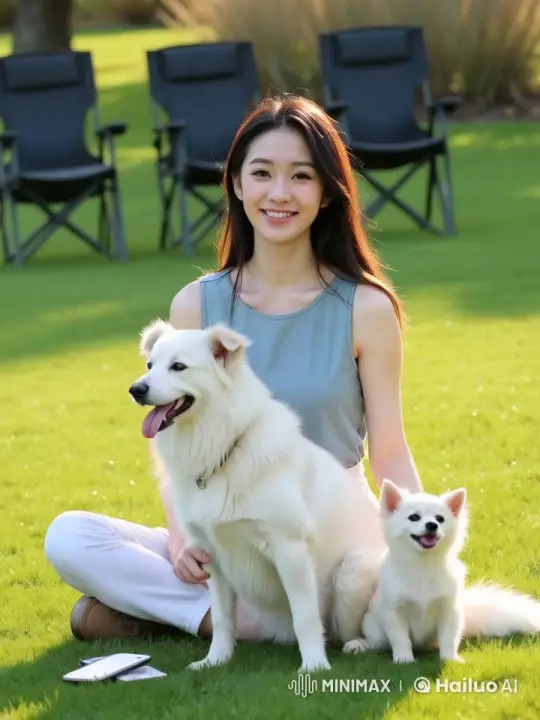 Young Woman Laughs with Dogs on Lawn – AI Generated Video | Hailuo AI