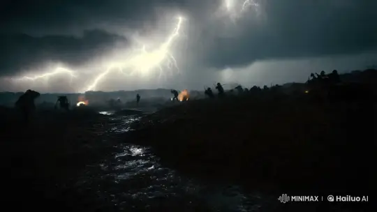 Stormy Battlefield: Hyper-Speed POV Amidst Chaos – AI Generated Video | Hailuo AI