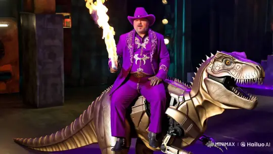 Purple Cowboy on a Steampunk Dinosaur with Flamethrower – AI Generated Video | Hailuo AI