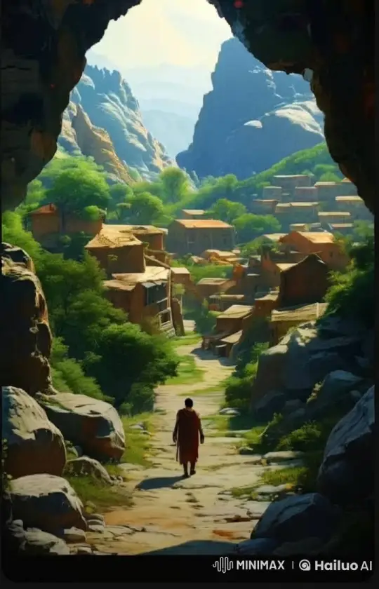 Tranquil Journey: Red Robe Figure to Sunlit Village – AI Generated Video | Hailuo AI