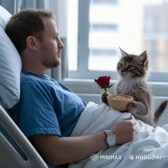Heartwarming Hospital Scene: Man and Kitten – AI Generated Video | Hailuo AI