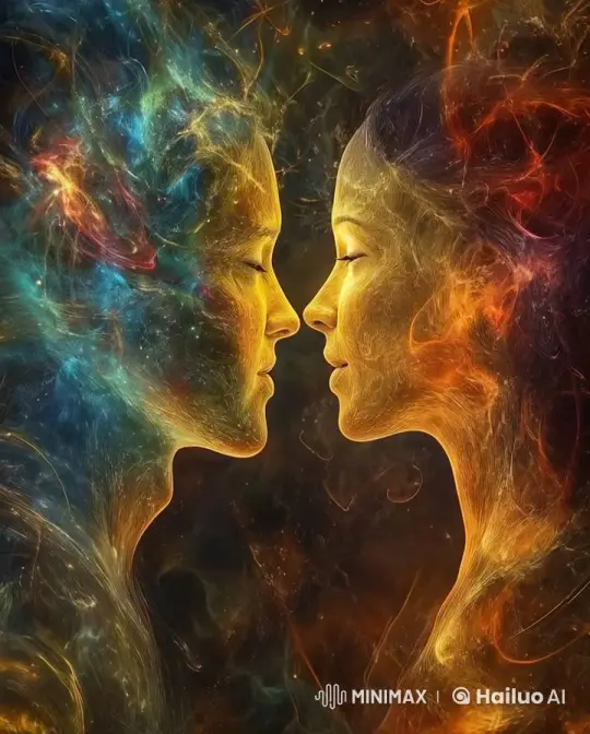 Ethereal Faces in Celestial Embrace with Fiery and Swirling Contrasts – AI Generated Video | Hailuo AI