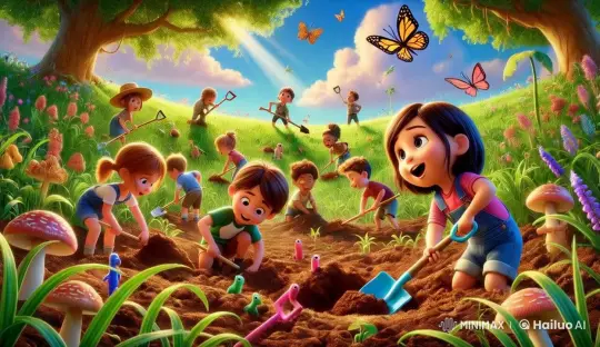 Animated Children Planting in a Vibrant Garden – AI Generated Video | Hailuo AI